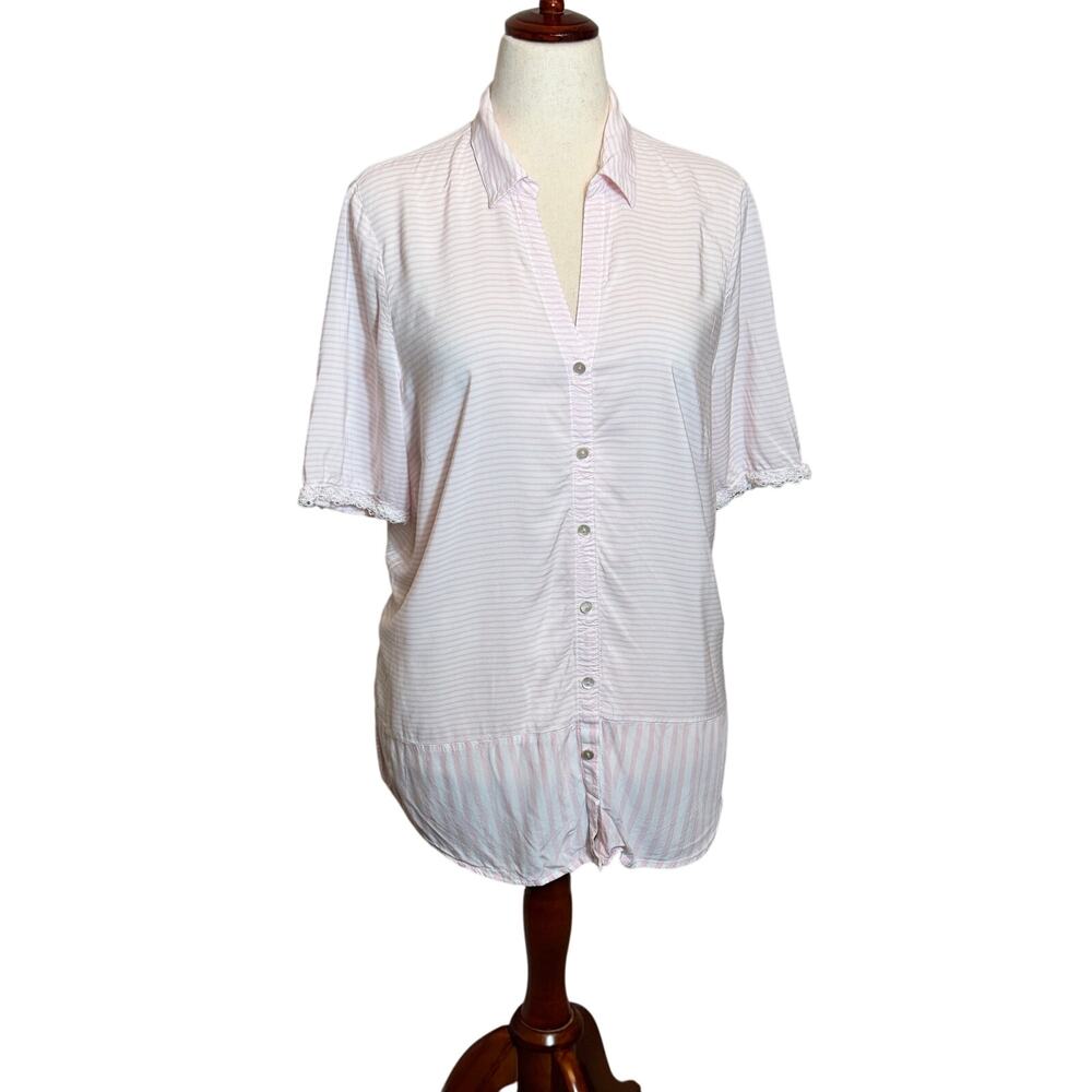 J. Jill blouse pale pink & white striped button up with lace sleeve trim Sz L